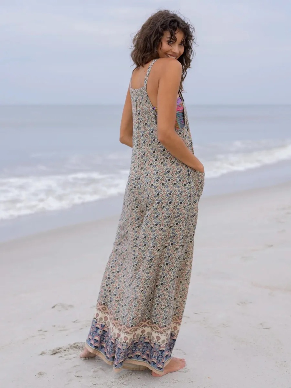 NATURAL LIFE Beige Floral Wide-Leg Jumpsuit with Border Print - Picture 2 of 4